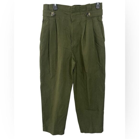 Zara Paperbag Waist Linen Blend Barrel Leg Pants Size MEDIUM Army Olive Green - Picture 1 of 8